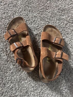 Birkenstock Kids Brown Suede Three-Strap Sandals with Buckles